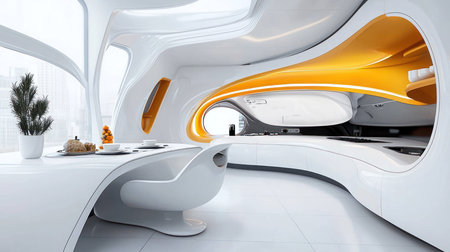 A contemporary interior space featuring smooth, organic white forms complemented by vibrant orange architectural elements, creating a sense of fluid, futuristic design.の素材