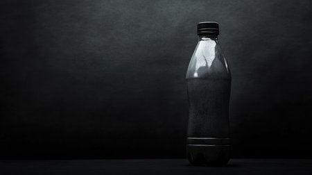 A transparent glass bottle with a black screw cap, illuminated from the side, creating a subtle highlight on its surface.の素材