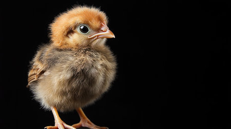 A close-up of a small, fluffy chick with soft brown and yellow feathers, featuring bright eyes and a tiny beak, standing against a dark background.の素材