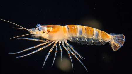A detailed view of a small, translucent shrimp with distinct orange and white striped markings on its body, showcasing its delicate features.の素材