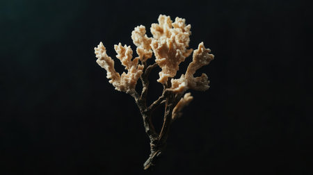 A detailed view of a coral branch, showcasing its intricate structure and texture, isolated on a dark background.の素材
