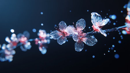 Close-up of translucent cherry blossoms with a soft, glowing effect, appearing delicate and ethereal against a dark background.の素材