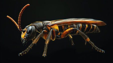 A striking side profile of a hornet, showcasing its intricate body segments, wings, and antennae against a dark background.の素材