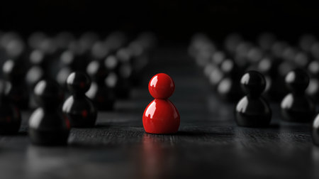 A single red pawn piece is prominently displayed in the foreground, surrounded by numerous black pawn pieces, creating a striking contrast and emphasizing individuality.の素材