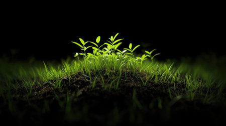 A close-up view of lush green grass and small seedlings, brightly lit against a dark, undefined background, highlighting their fresh growth and vitality.の素材