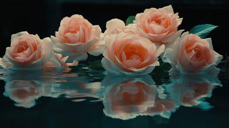 Close-up of several delicate pink roses with soft petals, gently resting on a calm water surface, creating serene reflections below.の素材