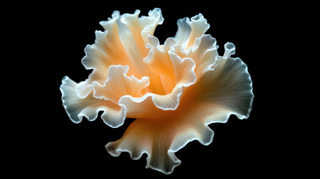 A detailed view of a delicate sea slug, showcasing its intricate, wavy body and soft, translucent appearance against a dark background.の素材