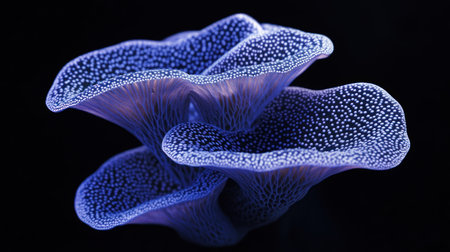 A detailed close up of a blue coral polyp, showcasing its unique texture and organic form against a dark background, highlighting its bioluminescent appearance.の素材