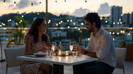 A man and a woman are seated at a table, engaged in conversation and enjoying a meal together. The table is set with drinks and candles, creating an intimate atmosphere.の素材