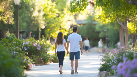 A young couple is captured from behind, holding hands as they stroll along a sun-dappled path in a lush park, enjoying a peaceful moment together.の素材