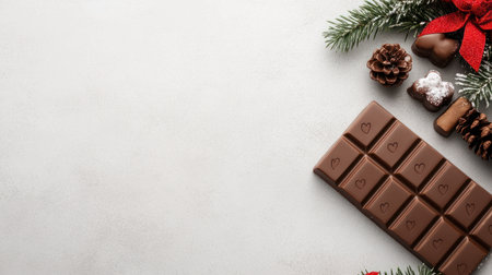 A delectable chocolate bar is presented alongside an assortment of Christmas decorations, including pine cones and a red bow, creating a festive and inviting scene.の素材