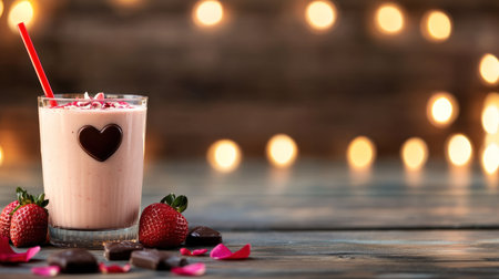 A delightful strawberry milkshake in a clear glass, featuring a dark chocolate heart on the side, garnished with sprinkles, and accompanied by fresh strawberries and chocolate pieces on a rustic wood.の素材