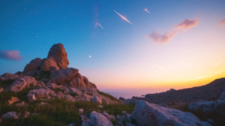 Towering rock formations stand prominently against a vibrant twilight sky, illuminated by the soft glow of the setting sun and the distant streaks of meteors, creating a dramatic and serene natural l.の素材