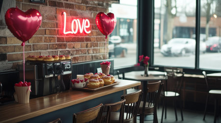 A vibrant neon 'Love' sign illuminates a brick wall, flanked by two shiny red heart-shaped balloons.の素材