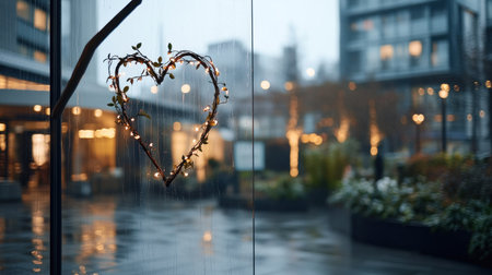 A close-up view of a heart-shaped light decoration, adorned with small, glowing bulbs, hanging delicately on a window pane.の素材