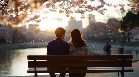 A couple is seated on a wooden bench, their backs to the viewer, observing the serene sunset over a body of water, with cherry blossoms framing the scene.の素材