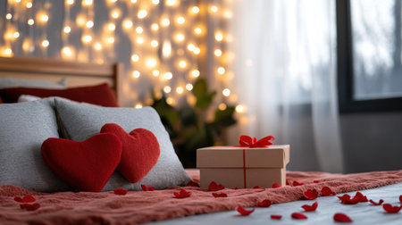 Two plush red heart-shaped pillows are nestled on a bed, next to a neatly wrapped gift box, creating a cozy and romantic atmosphere.の素材
