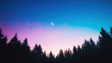 A striking silhouette of a dense pine forest stands against a breathtaking twilight sky, painted with hues of deep blue, purple, and soft pink.の素材