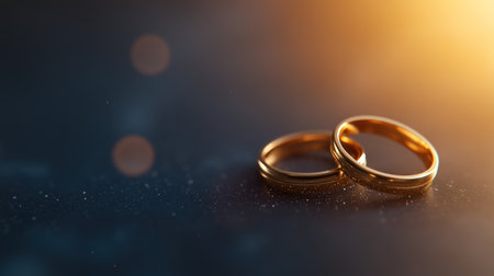 A close-up view of two shiny golden wedding rings, perfectly crafted and reflecting a warm glow, representing a timeless bond and sacred union.の素材