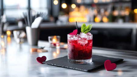 A refreshing red cocktail, garnished with fresh mint and served with ice, sits on a dark coaster, surrounded by small heart-shaped accents, perfect for a romantic occasion.の素材