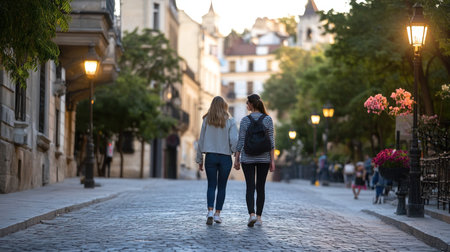Two young women are walking away from the camera on a cobblestone street, enjoying a casual stroll.の素材