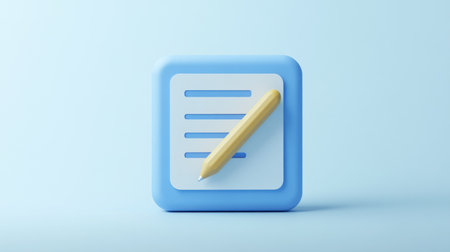A minimalist 3D rendering of a blue square icon featuring a white document with lines and a golden pen, symbolizing writing, editing, or note-taking.の素材