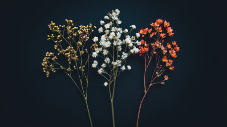 A close-up shot of three delicate baby's breath flower stems, each with tiny blossoms in white, orange, and yellow hues, showcasing their intricate beauty.の素材