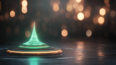 A vibrant, glowing green conical structure stands prominently on a sleek, reflective metallic pedestal, emanating a sense of advanced technology and modern design.の素材