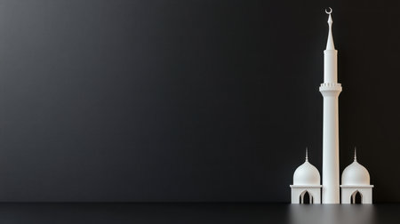 A striking white mosque minaret with two small domes at its base, rendered in a clean, minimalist style against a deep, dark background, evoking a sense of reverence and architectural beauty.の素材