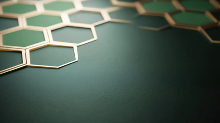 A close-up view of green and white hexagonal tiles arranged in a repeating geometric pattern, showcasing their intricate design and texture.の素材