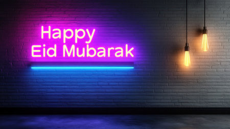A vibrant neon sign displaying 'Happy Eid Mubarak' in glowing pink and blue letters, creating a festive and celebratory atmosphere.の素材