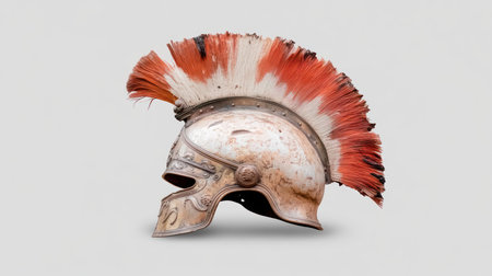 A detailed close-up of an ancient Greek Corinthian helmet, featuring a striking red and white plume, showcasing historical craftsmanship and warrior heritage.の素材