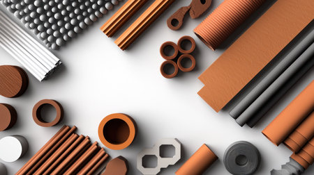 A top-down view showcasing a variety of industrial materials, including metal spheres, rods, tubes, and various shaped components, laid out on a clean white background, highlighting their textures an.の素材