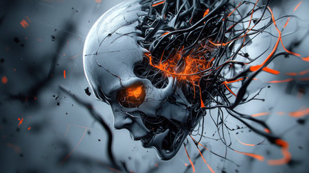 A striking metallic skull with an intricate design, featuring glowing orange eyes and a network of dark, chaotic tendrils emerging from its head, suggesting a blend of organic and artificial elements.の素材