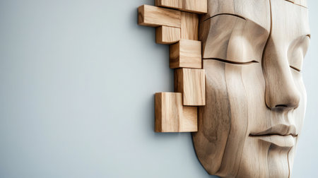 A close-up view of a unique wooden sculpture depicting a human face, intricately designed with a blend of smooth contours and protruding geometric blocks, creating a modern and artistic aesthetic.の素材