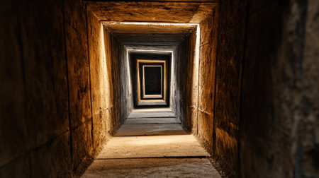 A long, narrow corridor constructed from rough-hewn stone, featuring a series of diminishing archways that create a captivating visual tunnel, leading the eye into the distance.の素材