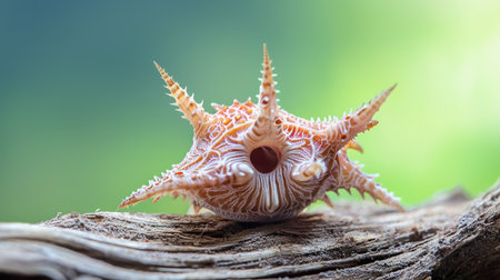 A detailed close-up of a spiky seashell, showcasing its intricate textures and sharp protrusions, resting on a weathered piece of driftwood.の素材