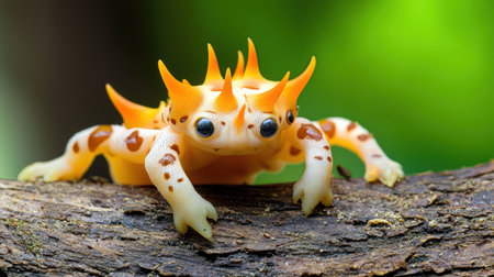 A detailed shot of a unique orange horned frog, showcasing its textured skin and distinctive horn-like protrusions, resting on a natural wooden surface.の素材