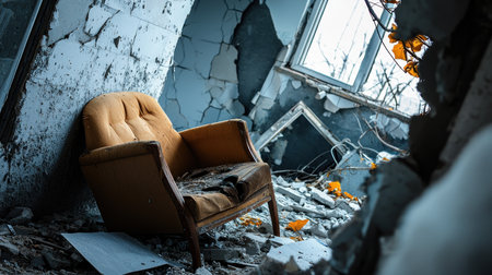 A worn-out, vintage armchair sits amidst the rubble of a dilapidated room, symbolizing decay and neglect.の素材