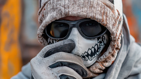 Close-up of a person's face, partially obscured by a skull-painted mask, dark sunglasses, and a textured hooded sweatshirt, with a gloved hand near the mouth.の素材