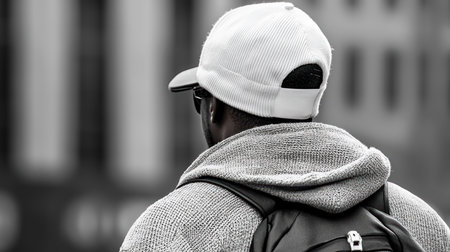 A person is seen from behind, wearing a casual outfit consisting of a white baseball cap and a grey hooded sweatshirt, with a backpack visible.の素材