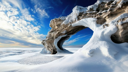 A magnificent natural ice arch, sculpted by wind and water, stands majestically on a vast frozen lake, showcasing intricate ice formations and textures.の素材