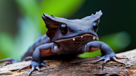 A striking black lizard with distinctive horns and visible sharp teeth, captured in a detailed close-up, showcasing its unique reptilian features.の素材