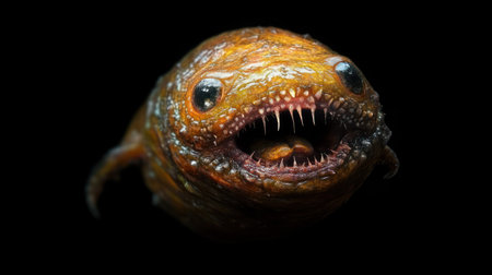 A detailed shot of a terrifying anglerfish, showcasing its menacing teeth and textured skin against a dark background.の素材