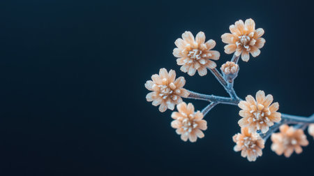 A close-up view of a small branch adorned with numerous delicate white flowers, each with a textured, spherical appearance, set against a deep, dark background.の素材