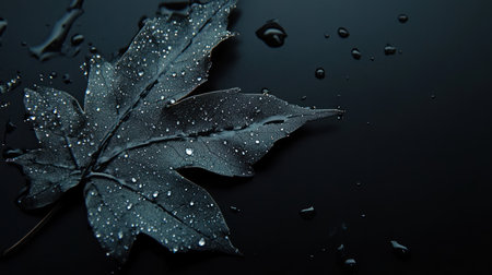 A single dark maple leaf, wet with numerous small water droplets, rests on a uniformly black background, highlighting its texture and the reflective quality of the water.の素材