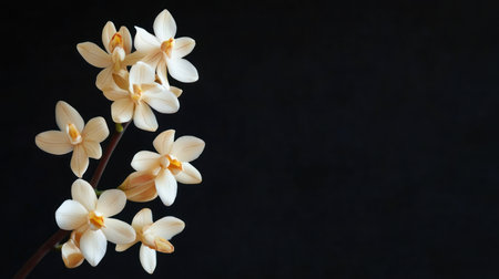 A cluster of small, elegant white orchid blossoms with a hint of yellow at their centers, showcasing their intricate petals and graceful form.の素材