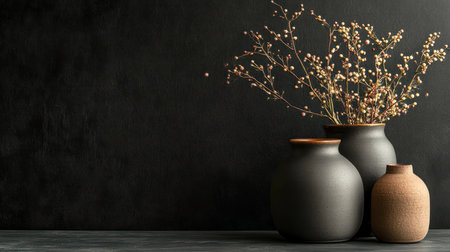 A trio of stylish ceramic vases, two in dark green and one in terracotta, holding a delicate dried floral arrangement, creating a sophisticated and minimalist display.の素材