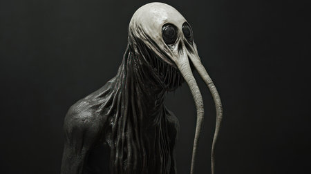 A haunting figure with a pale, elongated head resembling a bird's beak, dark, textured skin, and a mysterious, unsettling presence.の素材