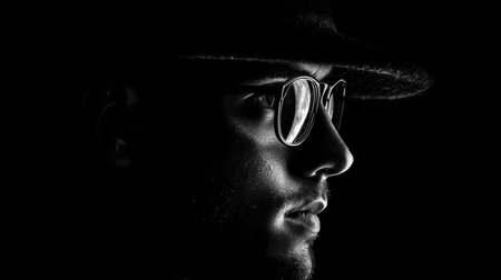 A striking black and white profile of a man wearing a hat and glasses, with dramatic lighting highlighting his features against a dark background.の素材